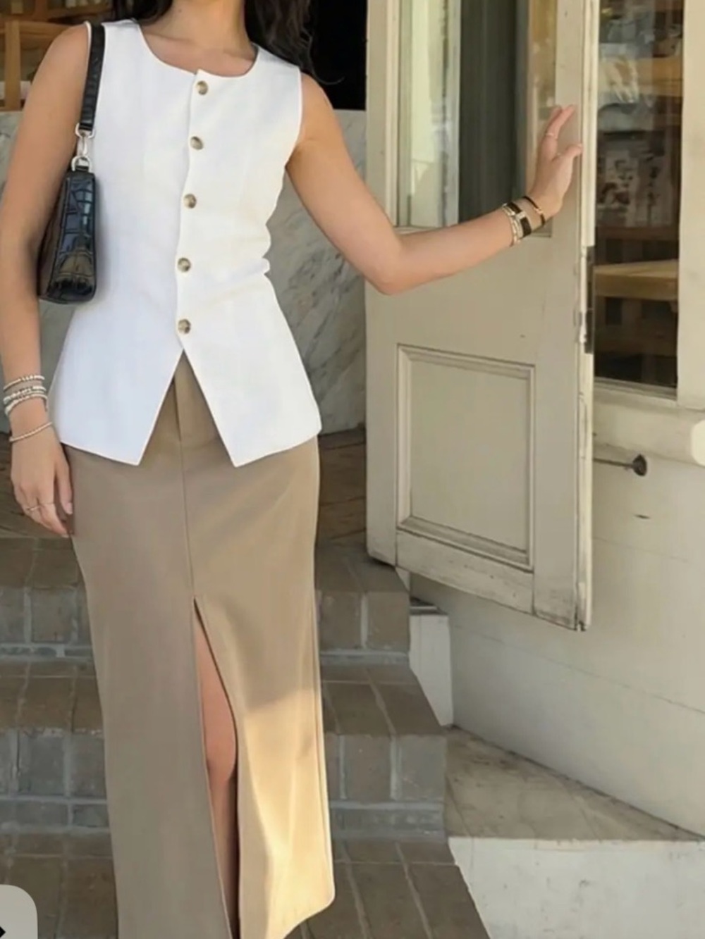 Cider Beige Maxi Skirt with Front Slit
